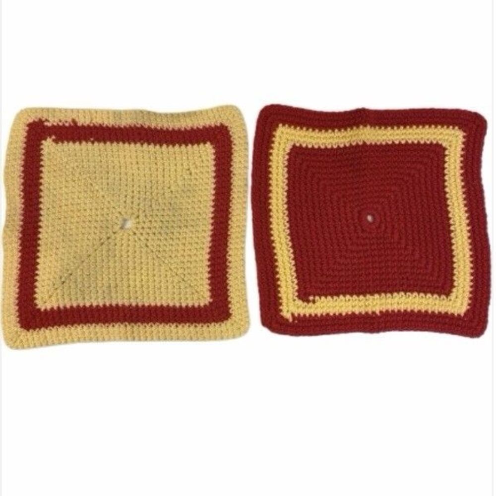 Vintage Hand Crocheted Potholders Set of 2 - Red & Cream Yellow - 10” Square